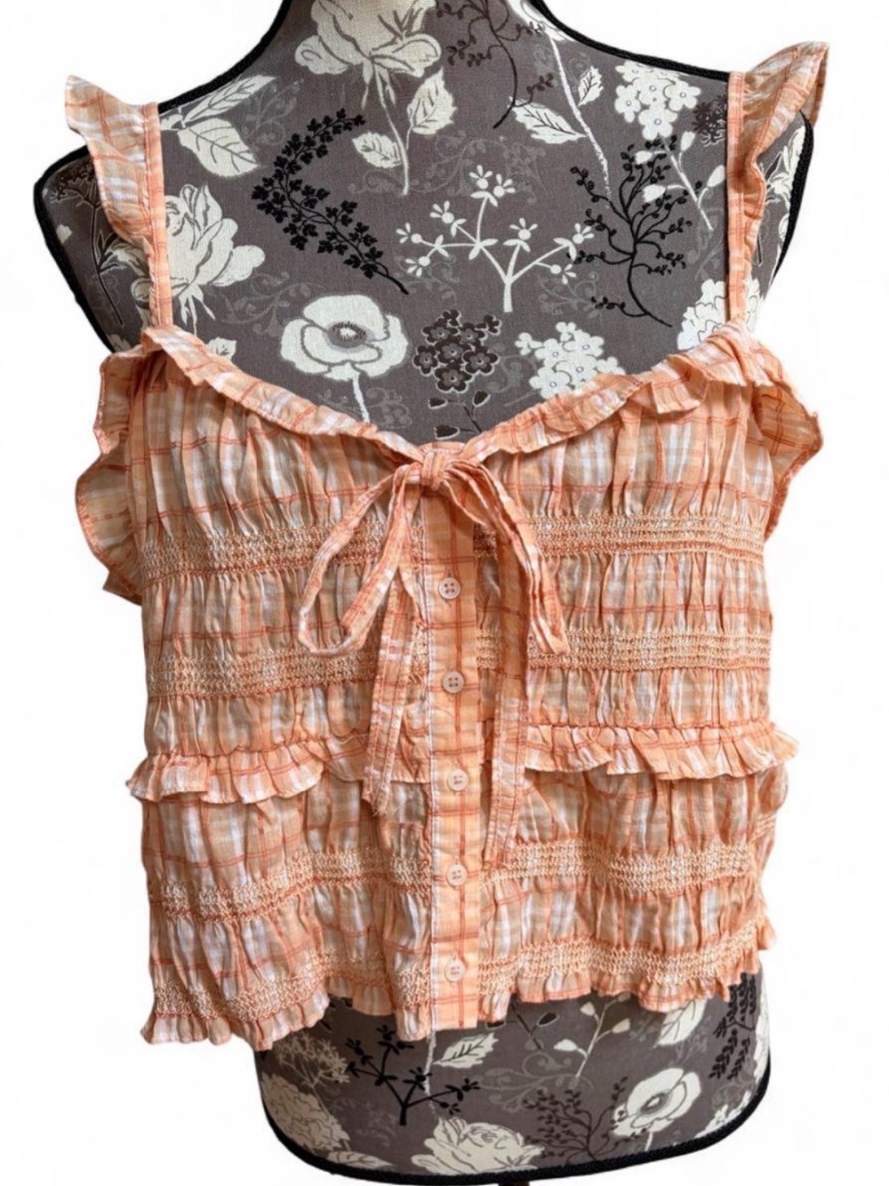 Women’s American Eagle Orange Smocked Plaid Ruffle Tank Top size XL